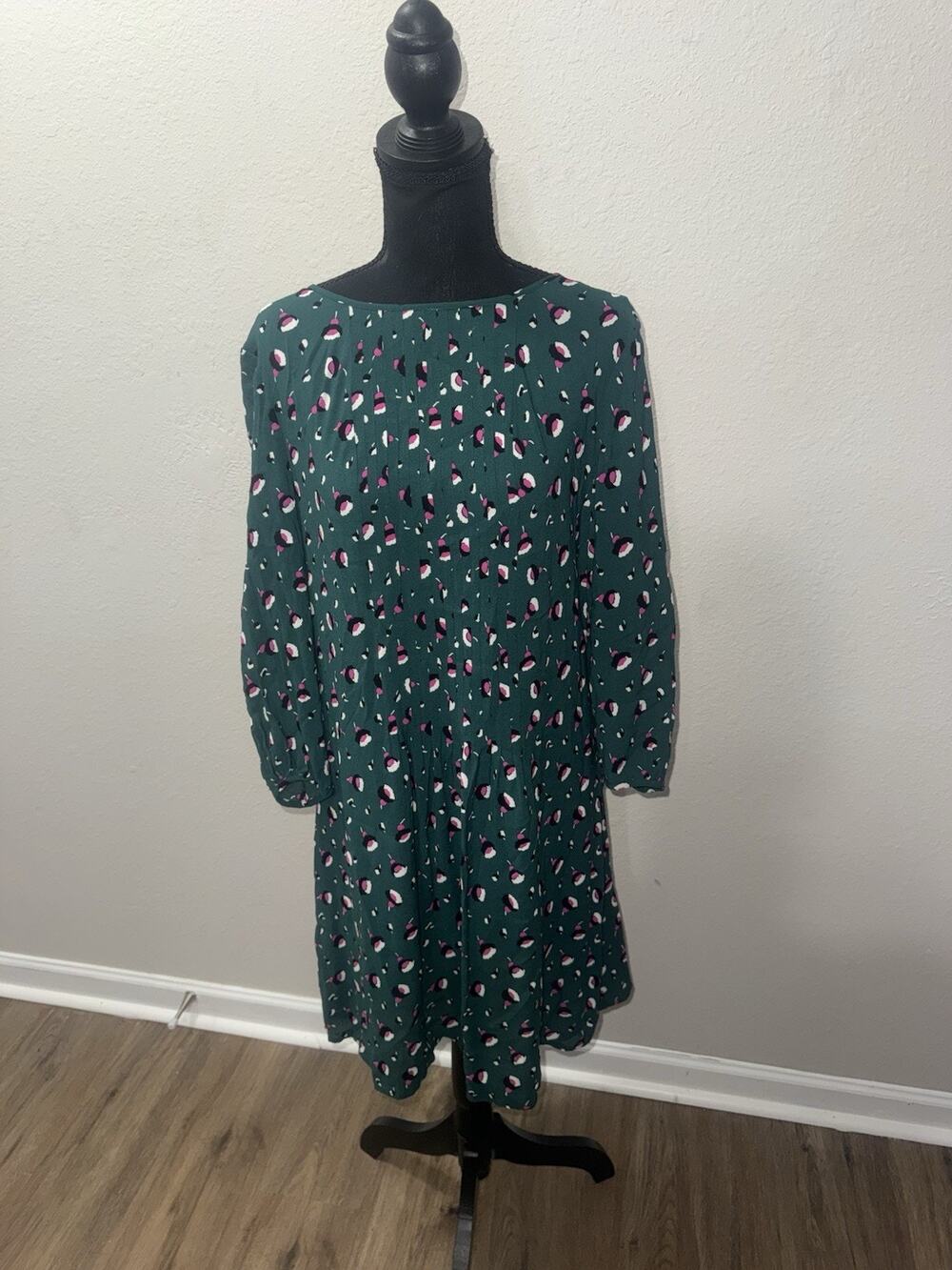Boden Green Pink Abstract Print Dress US 12L UK 16L Long Sleeve Drop Waist Mid